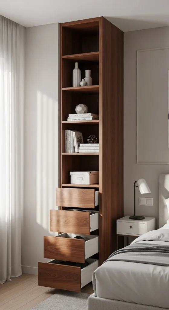 10 Stylish Bedroom Cupboards with Modern Appeal Vertical storage cupboard in compact modern bedroom