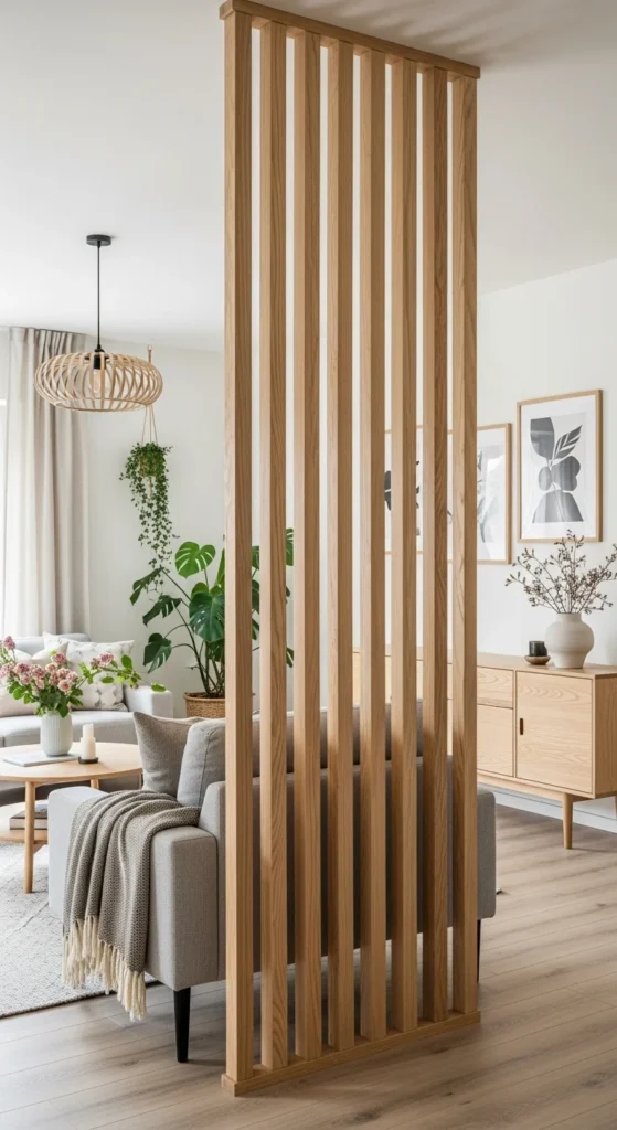 7 Stylish Living Room Partition Ideas You’ll Love Vertical wooden slats creating a stylish room divider