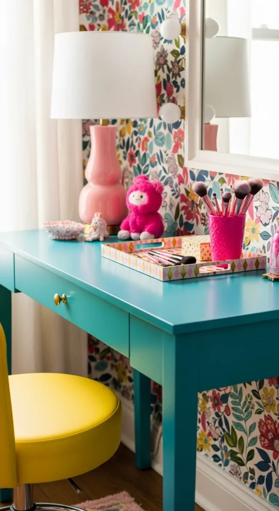 10 Bedroom Vanity Ideas You'll Want to Have Vibrant vanity with teal, yellow, and pink accents