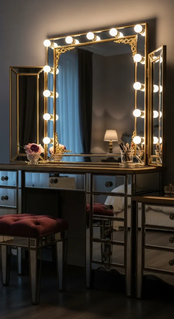10 Bedroom Vanity Ideas You'll Want to Have Vintage Hollywood vanity with lit mirror and gold accents