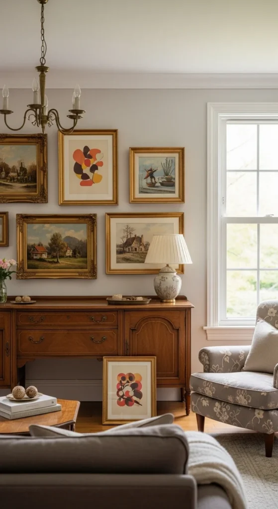 7 Best Vintage Living Room Ideas You Need To Try Vintage artwork in ornate frames above a wooden sideboard