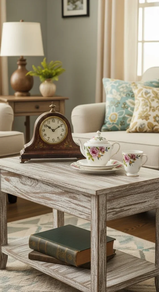 7 Showstopper Living Room Center Table Decor Ideas Vintage center table with antique clock and decor