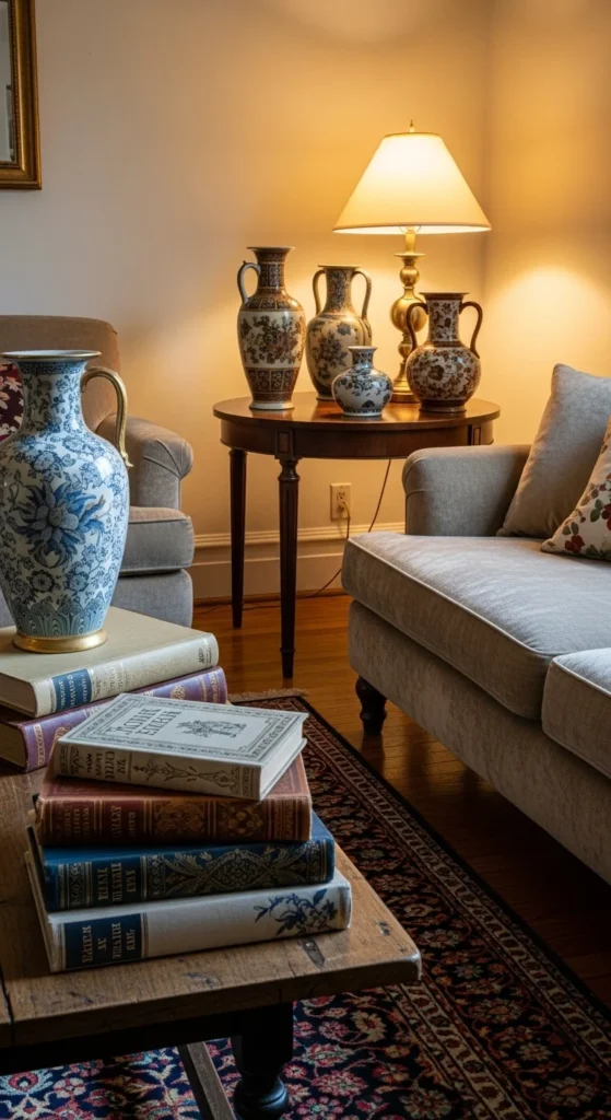 7 Best Vintage Living Room Ideas You Need To Try Vintage decor accessories including books, vases, and figurines