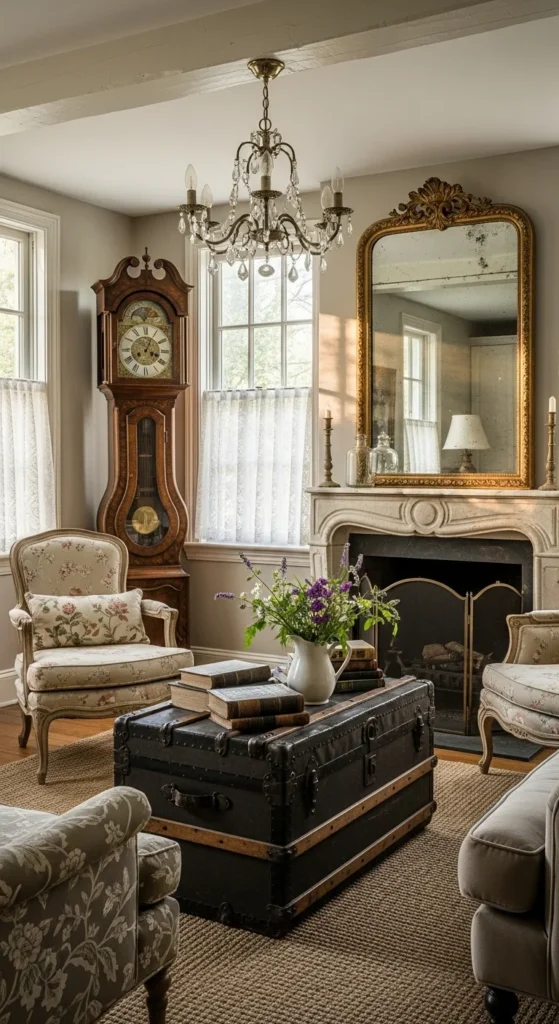 6 French Country Living Room Ideas for a Comfy and Sophisticated Feel Vintage decor pieces adding charm to a French country living room