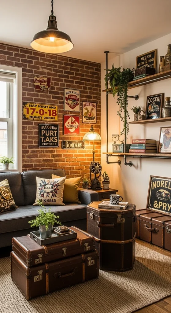 7 Stunning Industrial Living Room Ideas to Try Now Vintage decor pieces in an industrial living room setting