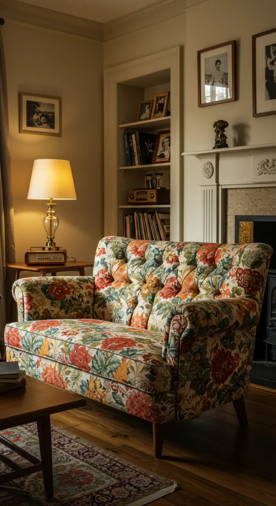 7 Living Room Sofa Ideas That Transform Your Space Vintage floral tufted sofa in a retro-themed living room