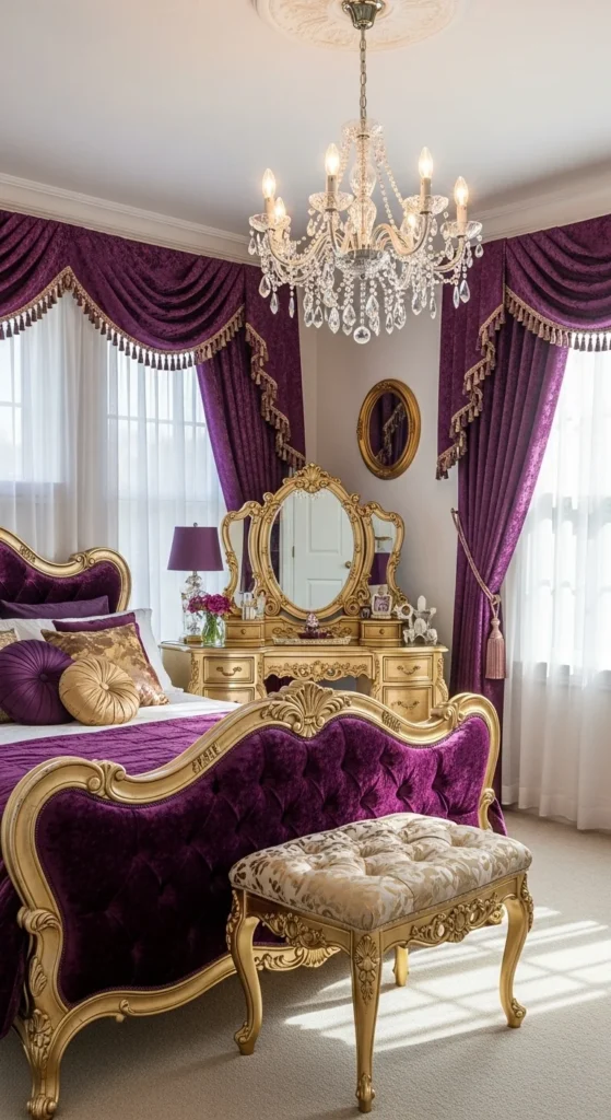 5 Stunning Bloxburg Bedroom Ideas to Inspire Your Style Vintage glam Bloxburg bedroom with luxurious purple and gold accents