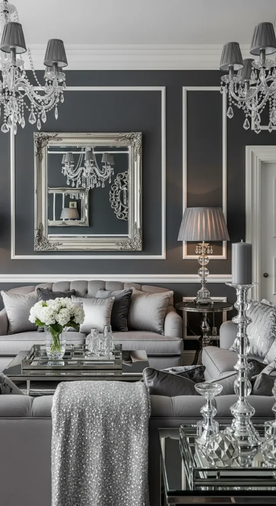 6 Stylish Grey Living Room Ideas for Every Design Style Vintage glam living room with charcoal walls and crystal chandelier