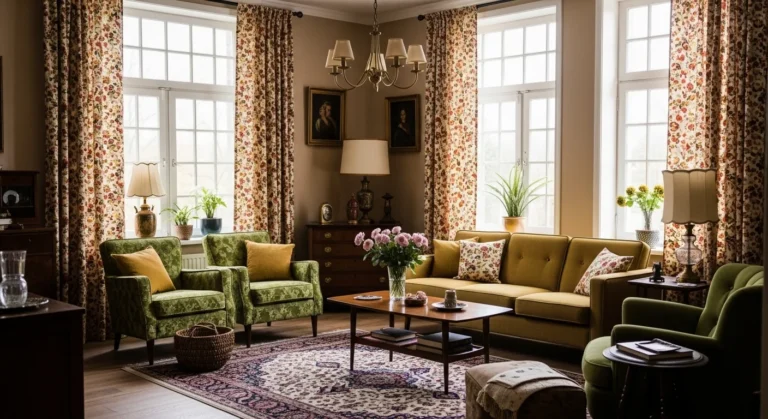 Vintage living room with retro furniture, floral curtains, and antique decor