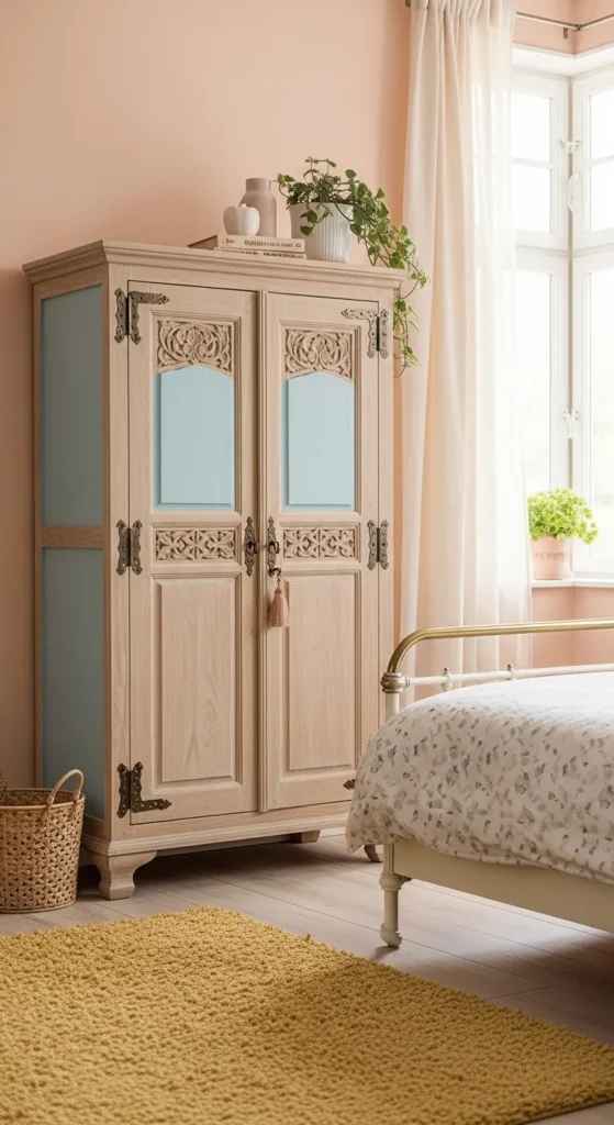 10 Stylish Bedroom Cupboards with Modern Appeal Vintage revival cupboard with pastel tones and carved wood