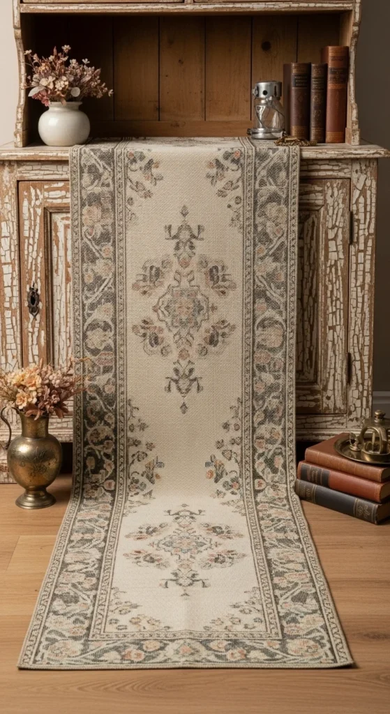 7 Cozy Country-Style Living Room Rug Ideas Vintage runner with faded design in a rustic country space