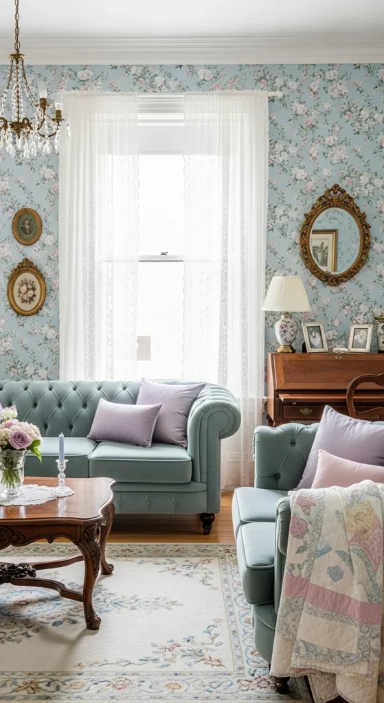 6 Light Blue Living Rooms That Feel Cool & Cozy Vintage-style living room with light blue wallpaper and antique furniture