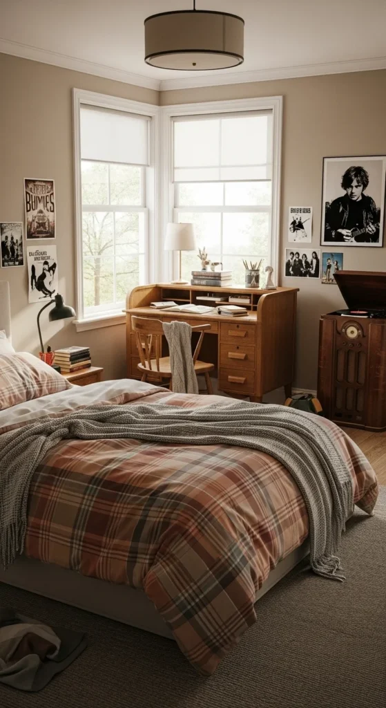 7 Awesome Teen Boy Bedroom Ideas Vintage teen boy bedroom with plaid bedding and retro decor
