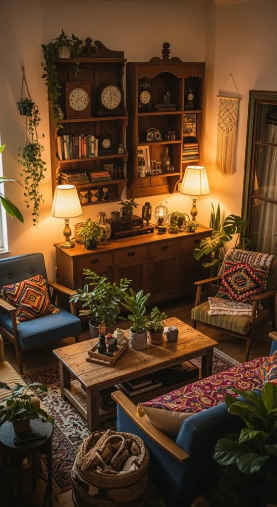 8 Best Living Room Shelving Ideas Vintage wooden shelves with old books in an eclectic living room