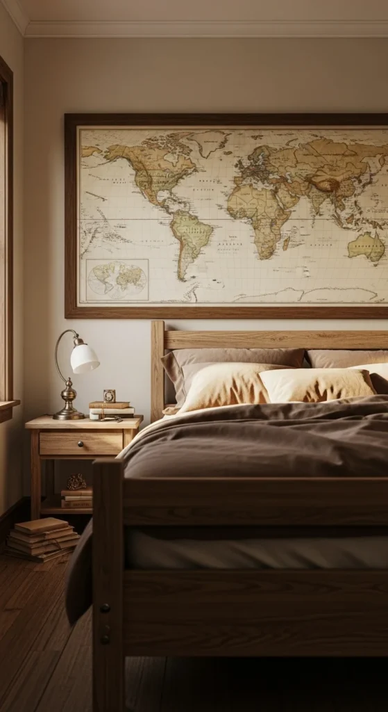 8 Bedroom Wall Decor Ideas To Liven Up Your Boring Walls Vintage world map framed above cozy bed
