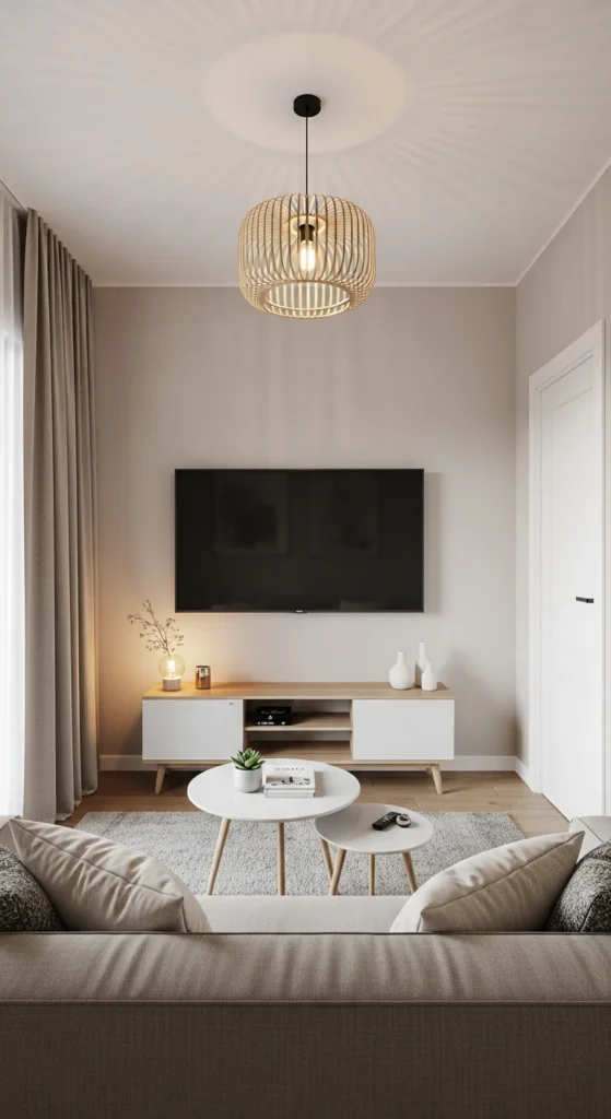 Wall-mounted 55-inch TV in a small, cozy living room