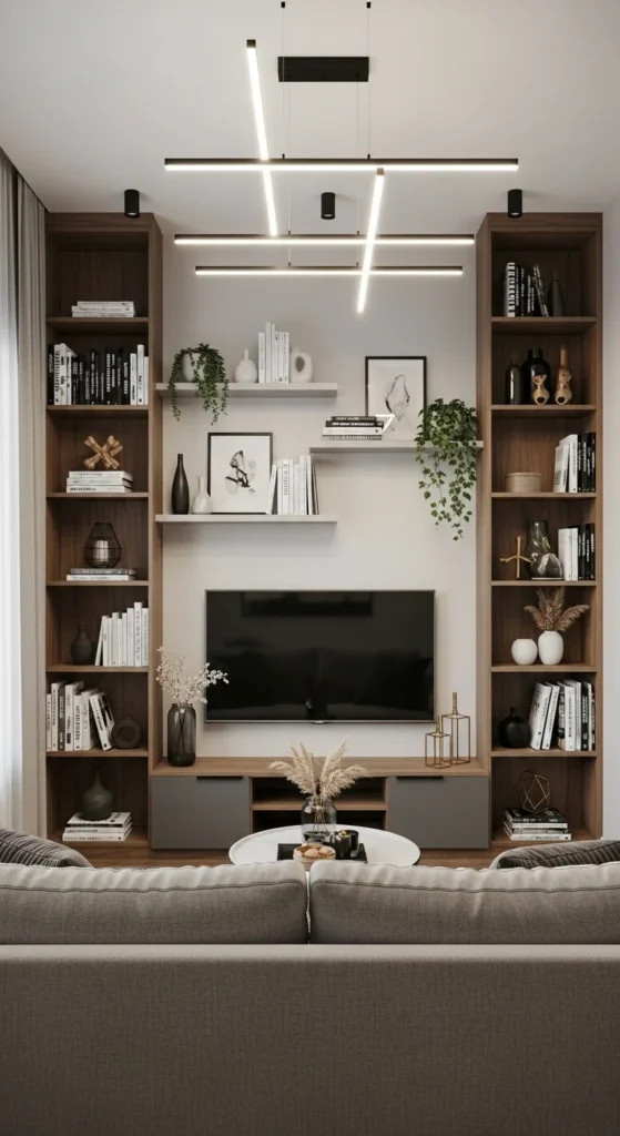 Wall-mounted TV with tall shelves and vertical storage in small space