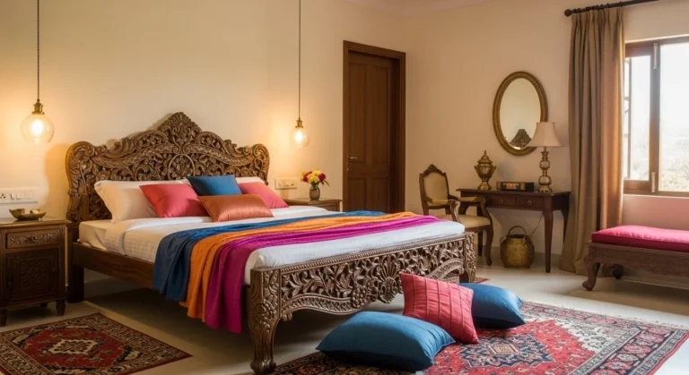 Warm Indian-themed bedroom with carved wood bed and silk textiles