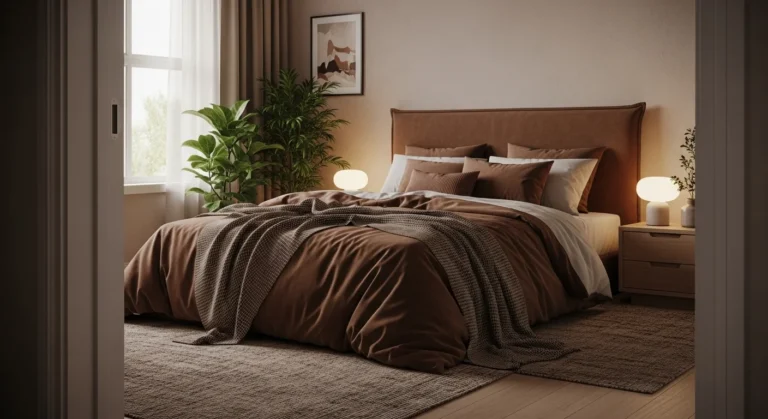 Warm and cozy bedroom with soft lighting and earthy tones