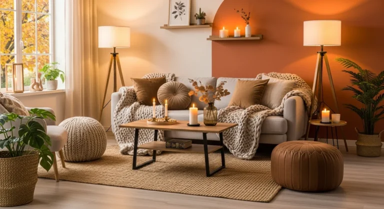 Warm autumn-themed cozy living room with layered textures, plants, and soft lighting