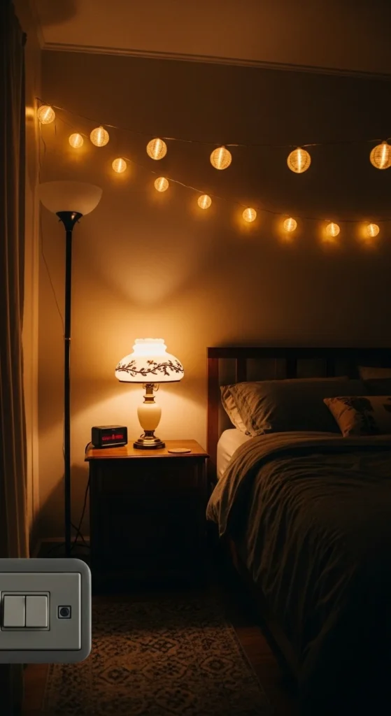 Warm bedroom lighting with lamps and string lights