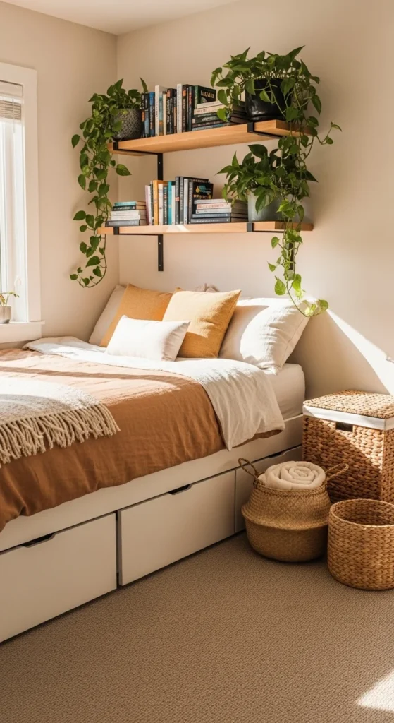 7 Warm Bedroom Ideas for a Cozy, Inviting Space Warm bedroom with tidy storage shelves and baskets
