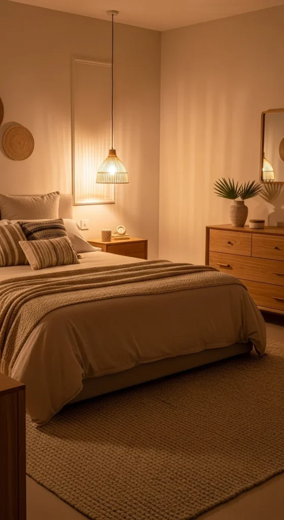 Warm beige bedroom with cozy decor and wood accents