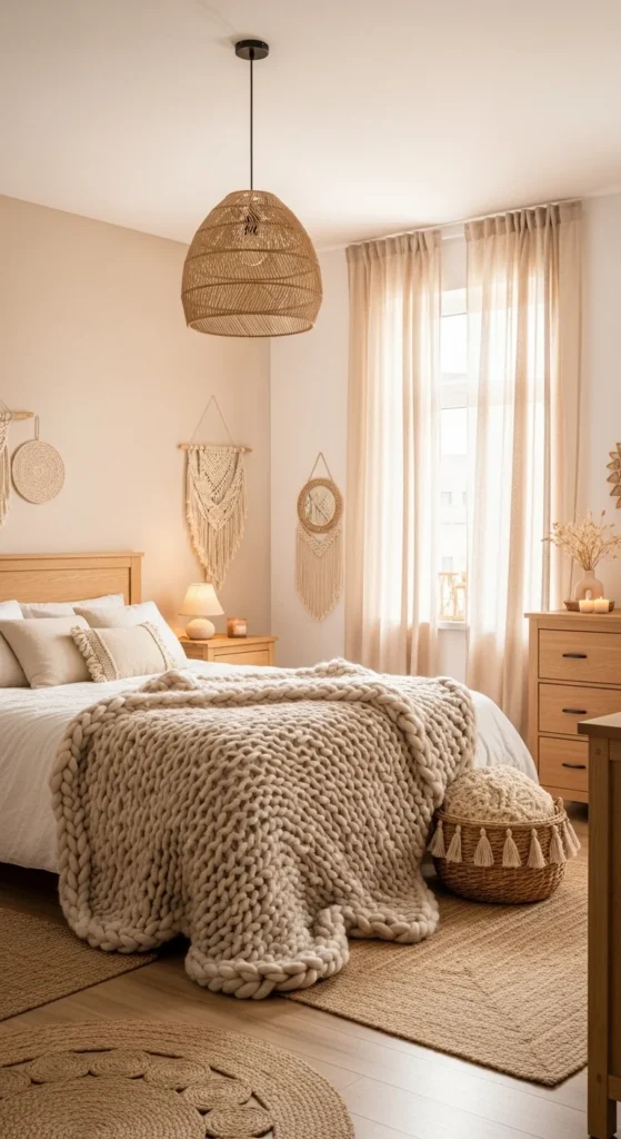 6 Neutral Bedroom Ideas to Create a Calm Sanctuary Warm beige bedroom with oak furniture and cozy knit blankets