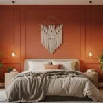 Warm modern bedroom with terra cotta wall, plants, and cozy decor