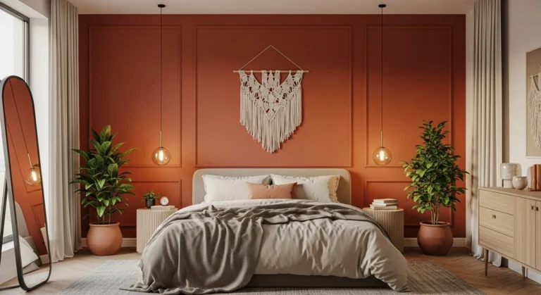 Warm modern bedroom with terra cotta wall, plants, and cozy decor