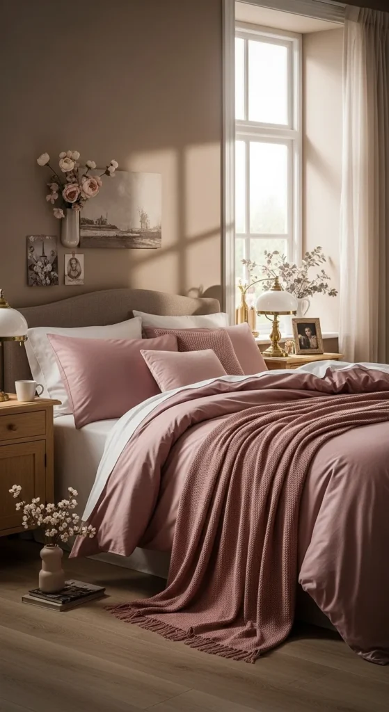 8 Best bedroom color combination ideas for a Dreamy Retreat Warm taupe walls and dusty rose decor in a romantic bedroom