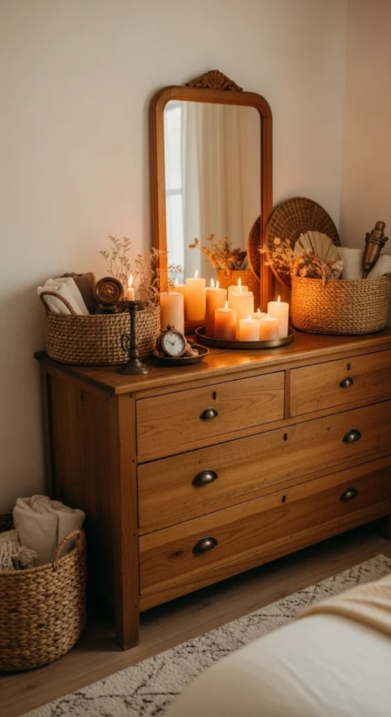 10 Warm Bedroom Aesthetic Ideas for a Comfy Retreat Warm-toned decorative items on a wooden dresser in a bedroom