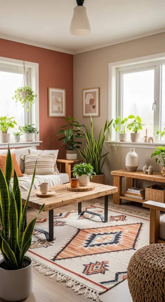 7 Beautiful Living Room Paint Ideas Warm-toned living room with terracotta and beige walls and natural accents