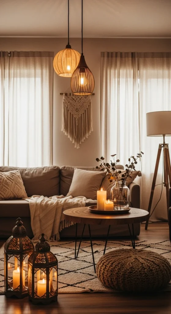 7 Gorgeous Modern Boho Living Room Ideas to Inspire You Warmly lit boho living room with layered lighting and natural light