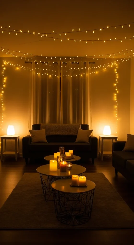 8 Moody Living Rooms That Feel Like a Cozy Retreat Warmly lit living room with string lights and table lamps