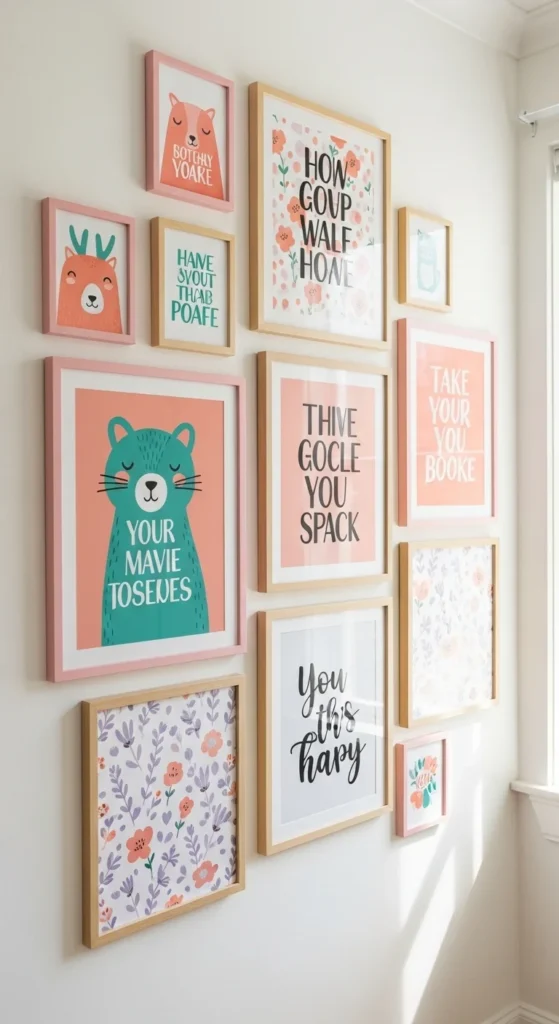 Whimsical wall art display in a colorful bedroom