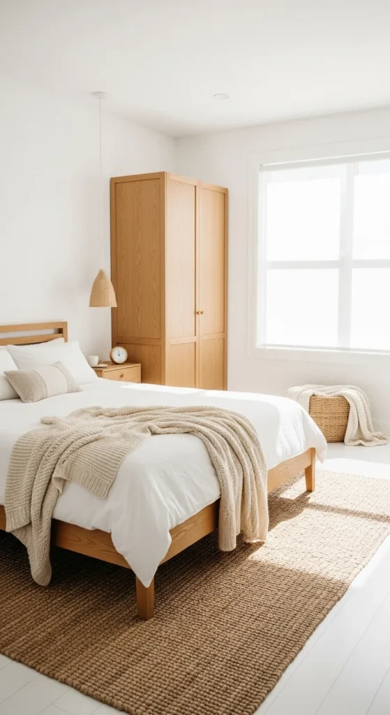 6 Neutral Bedroom Ideas to Create a Calm Sanctuary White and tan bedroom with wooden furniture and woven rug