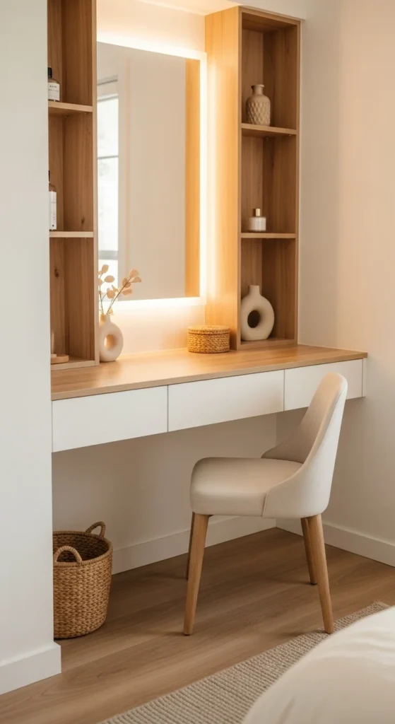 10 Bedroom Vanity Ideas You'll Want to Have White and wood vanity with earthy tones and warm light