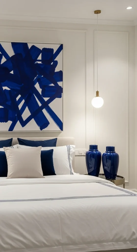 7 Navy Blue Bedroom Ideas for a Bold Yet Relaxing Space White bedroom with navy blue art and decorative accents