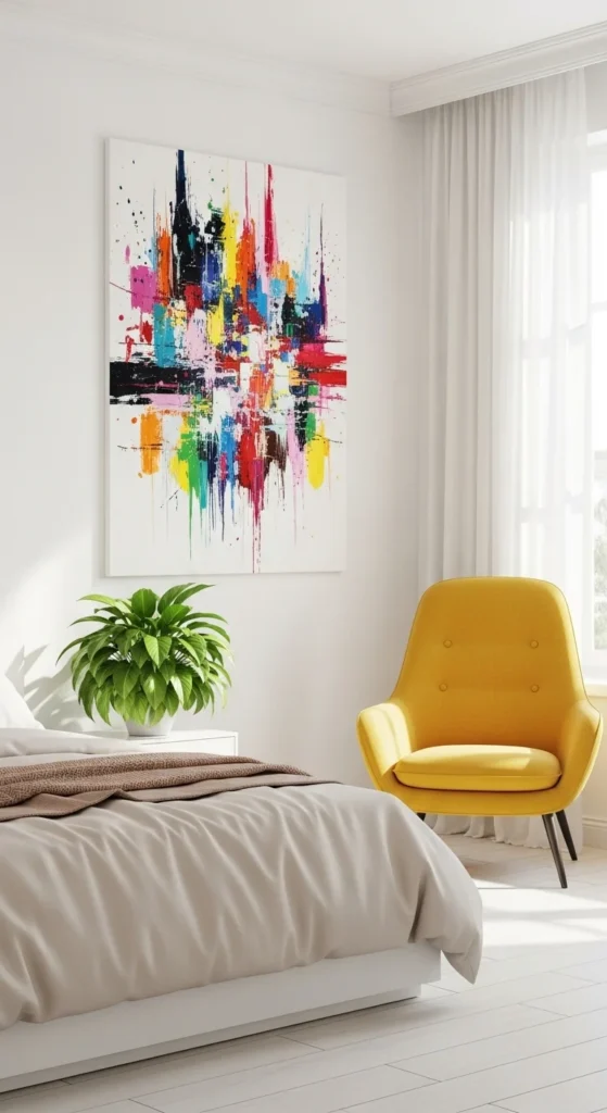 7 White Bedroom Ideas: How To Make It Work White bedroom with pops of color from art and plants