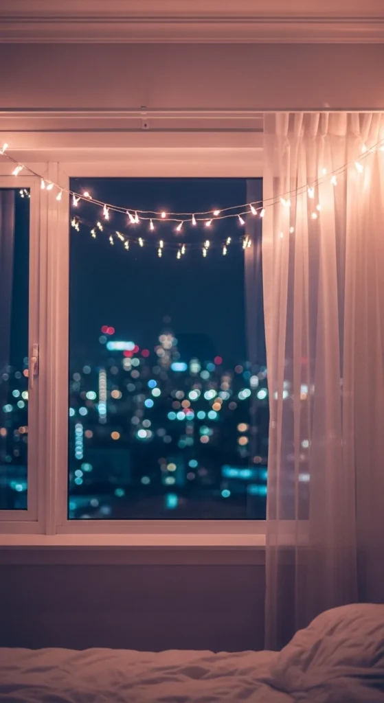 10 Fairy Lights Bedroom Ideas That We Are Loving Window frames wrapped with glowing fairy lights for cozy vibes