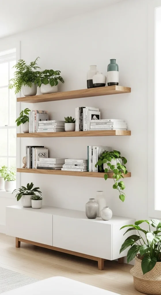 7 Stylish living room wall decor ideas Wooden floating shelves decorated with plants and books