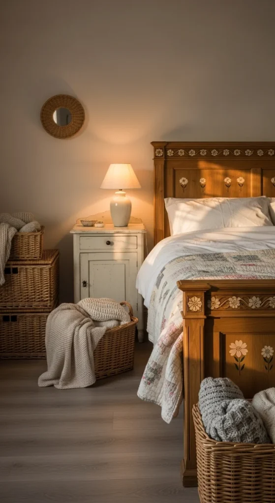 8 Cottagecore Bedroom Ideas for a Cozy Retreat Wooden furniture and wicker baskets in a cozy bedroom