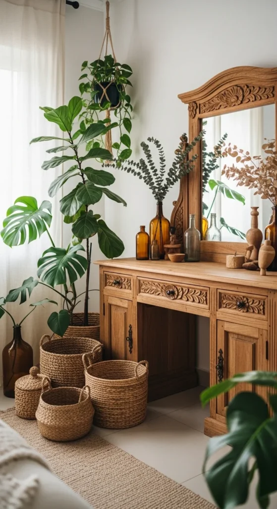 10 Bedroom Vanity Ideas You'll Want to Have Wooden vanity with indoor plants and natural textures