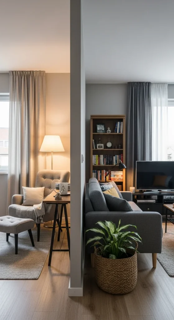 6 Long Narrow Living Room Layouts That Really Work Zoned long living room with reading and entertainment areas